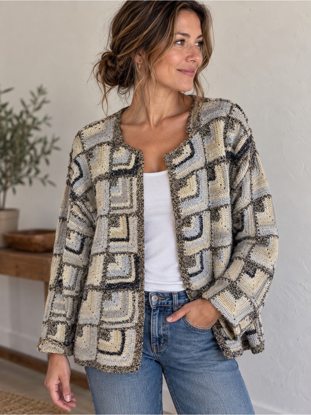 🧶 Robert Scott Hand Knit Geometric Cardigan Sweater Size XL Linen Cotton 🧶